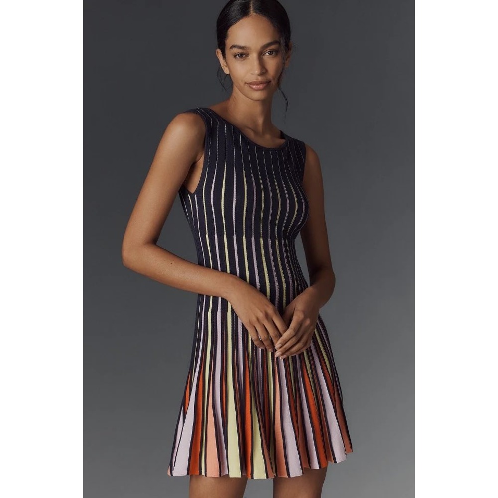 Maeve Anthropologie Multicolor Stripe Fit Flare Sweater Dress Navy Blue Small
